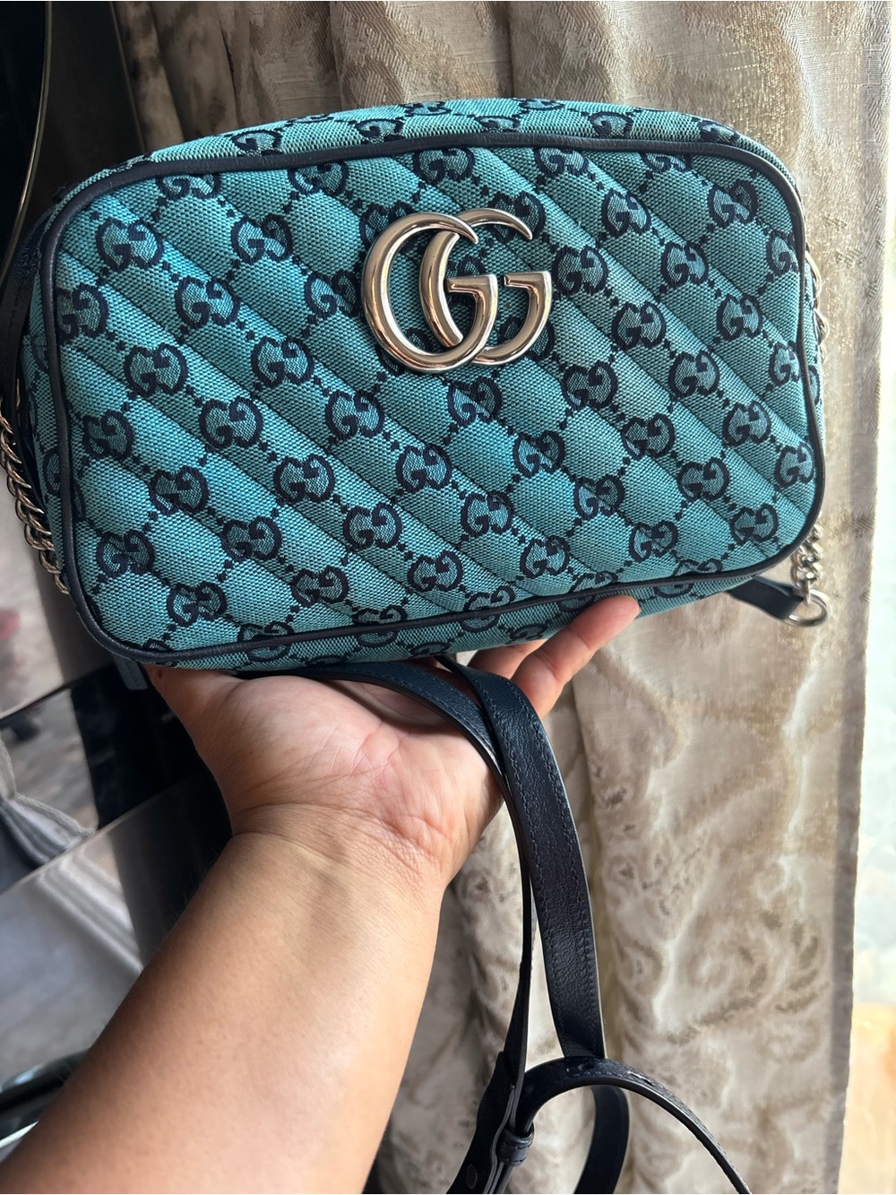 Gucci Turquoise GG Canvas Crossbody Bag with Black Trim - Picture 2 of 9